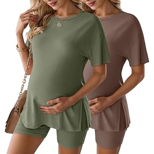 4 Pcs Women's Maternity Pajamas Sets Lounge Pregnancy PJS Outfits Side Slit Short Sleeve Shirts Loungewear Shorts