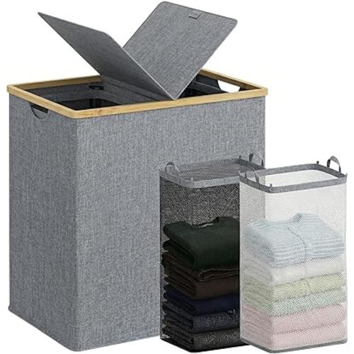 efluky Laundry Hamper with Lid, Double Laundry Hamper with 2 Removable Bags, 2 Section Laundry Basket with Bamboo Handles for Bathroom, Bedroom & Laundry Room, 140L (36.9 Gallon) Blue Grey