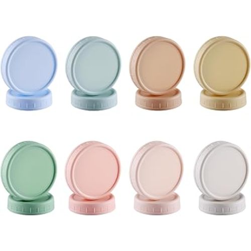 16PCS Colored Plastic Mason Jar Lids With Silicone Rings (8 Wide Mouth & 8 Regular Mouth) for Ball, Kerr and More, Food Grade & Leak-proof, 86mm & 70mm Canning Tops
