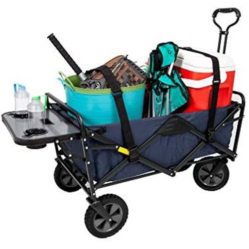 Mac Sports Collapsible Outdoor Utility Wagon with Folding Table and Drink Holders with Straps, Blue - Wagon+Straps
