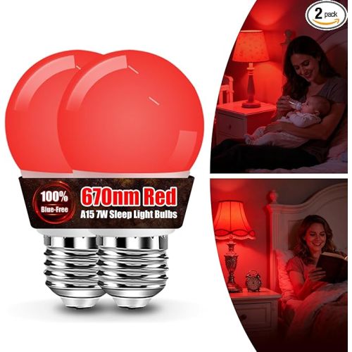BoRccdit 670nm Red Light Bulbs for Sleep, Lab-Certified Deep Red Light Bulb 100% Blue Light Blocking, A15 7W Dim Red LED Night Light Bulb for Bedroom, Baby Nursery, Read (2PK, White Shell, Red Glows)