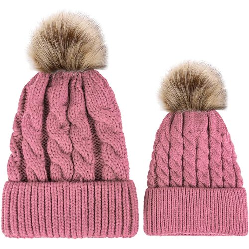 2 Pack Parent-Child Winter Hats for Women Warmer Soft Mom Baby Knit Hat Set Slouchy Beanie with Pom Pom