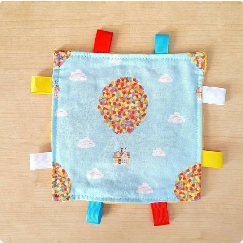 Up inspired Theme Baby Crinkle Toy. Size 6 x 6.. Handmade. Ribbon tags. Minky back.