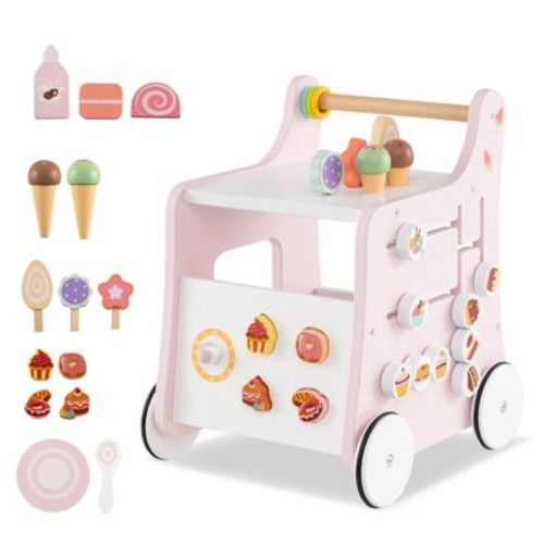 2-in-1 Wooden Baby Walker with Ice Cream Shop Play and Storage, Pink