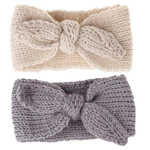 OVOY Turban Headband Baby Girl - Warm Rabbit Knot Hair Band Wrap Newborn Toddler Children 2Pcs (Beige+Gray, One Size)