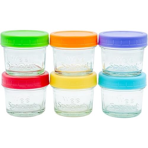 WeeSprout Glass Baby Food Storage Jars w/Lids (4 oz, 6 Pack Set) Snack, Puree, Reusable Small Containers, Breast Milk, Fridge or Freezer, Microwave & Dishwasher Safe, Essential Must Have for Infants