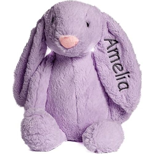 Morxy Personalized Plush Bunny - Stuffed Animal Toy for Kids - Custom Gift with Embroidered Name on Ear for Easter Medium Purple