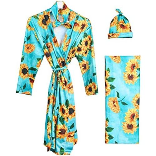 Mommy and Me Robe and Swaddle Set Floral Maternity and Baby Matching Delivery Blanket Headband for Mom Girl Boy 4pcs
