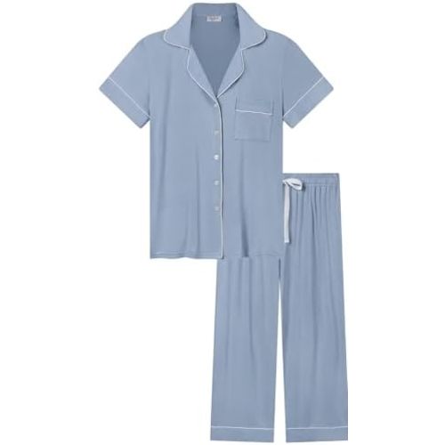 Joyaria Bamboo Viscose Pajamas for Women Short Sleeve Button Up Pjs Set Ultra Soft Capri Pyjamas S-XXL