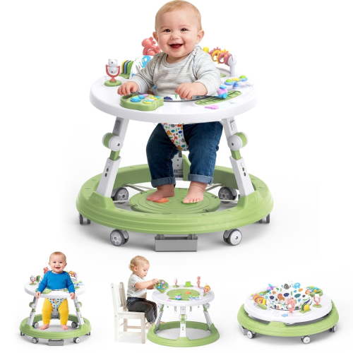 PEPWELL 4-in-1 Foldable Activity Center- Baby Walker with Wheels, 360-Degree Rotatable Play Tray, 3-Stage Adjustable Height, for Boys and Girls 6-18 Months, Music and Lights(Green)