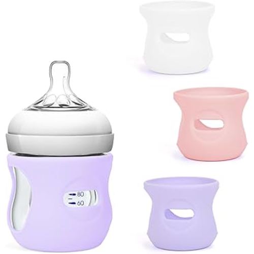 AUDRWALL Silicone Sleeves for Avent Natural Glass Baby Bottles, BPA Free, Anti Breakage Baby Bottle Holder (Purple + White + Pink, 4 Ounce)