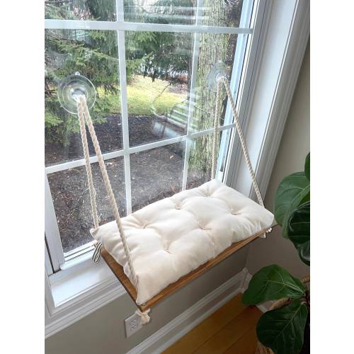 Handmade Cat Window Perch: Plush Bed, Solid Wood, Heavy-Duty Suction