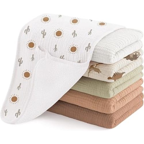 Susurration Muslin Burp Cloths for Baby 6 Pack Large 50 * 25cm Soft Baby Burping Cloths for Unisex Boys and Girls, Newborn Essentials Large Extra Absorbent Washcloths (Brown Print)