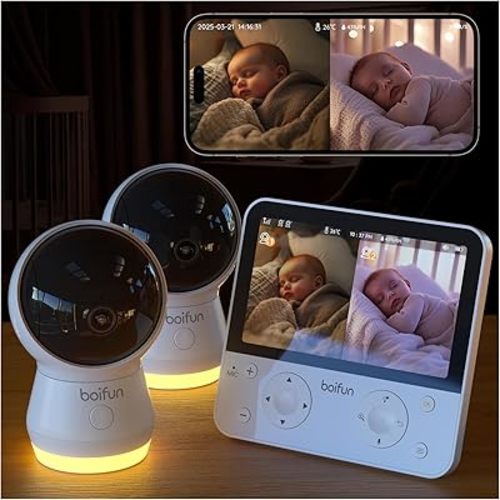 BOIFUN 5.5" AI 4MP Split Screen Baby Monitor with 2 Cameras Pro Max: App (Wi-Fi) and Screen (No Wi-Fi) Control, Upgrade AI Detection (Tummy Sleeping & Face Area), Night Light, Motion & Sound Detection