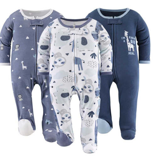 Blue Safari Baby Sleepers for Boys Set of 3
