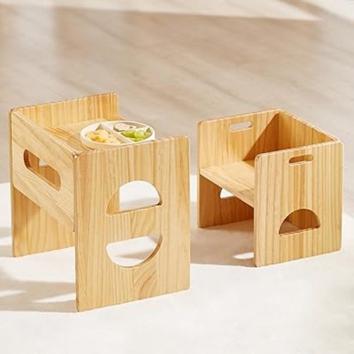 FUNLIO Height Adjustable Montessori Table and Chair Set for Age 1-3, Solid Wood Toddler Table and Chair Set, Weaning Baby Table Chair Set for Reading/Eating/Playing, Easy to Assemble - Natural