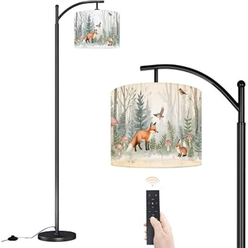 Arc Floor Lamp Fairy Forest Woodland Pine Tree Animal Watercolor Cute Fox Bunny Fox Dimmable Modern Standing Lamp with Remote Adjustable Drum Shade Footswitch Tall Pole Lamp for Living Room Bedroom