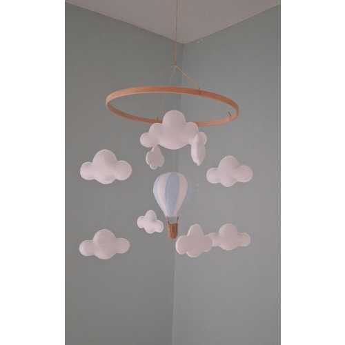 Hot Air Balloon Nursery Mobile White Clouds Hanging Decoration Pink Blue Green Natural Beige