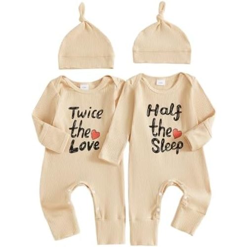 Twice The Love Half The Sleep Newborn Baby Girl Boy Twins Matching Outfits Fall Mitten Cuffs Knitted Jumpsuit Romper