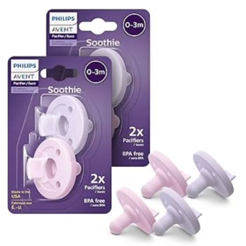 Philips Avent Soothie Orthodontic Baby Pacifiers, 100% Silicone Pacifiers, One Piece, BPA-Free, for Babies 0-3 Months, 2 Lilac and 2 Pink, 4 Pack, Model SCF190/70