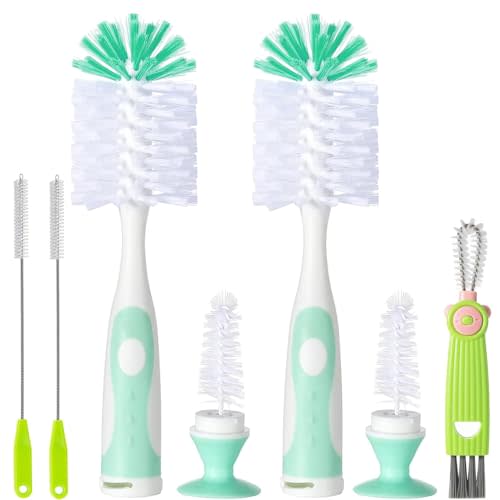 Baby Bottle Brush Kit, Suction Base, Hidden Cleaner & Straw Brush, Green | 7 in 1 Bottle Cleaning Kit with Two Nylon Bottle Brush, Lip Brushes, Straw & Nipple Cleaner, BPA-Free
