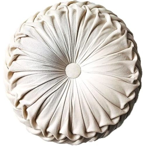 Round Throw Pillow Velvet Home Decoration Pleated Round Pillow Cushion for Couch Chair Bed Car Beige