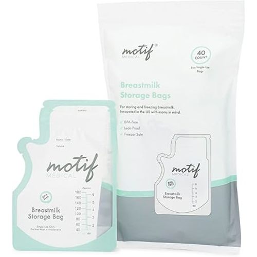 Motif Medical Breastmilk Storage Bags - Breastmilk Freezer Bags w/Easy Pour Spout, Write-On Label - Leak-Proof Double Zipper Milk Bags for Breastmilk - Breastfeeding Mom Gifts (6 Oz, 40 Count)