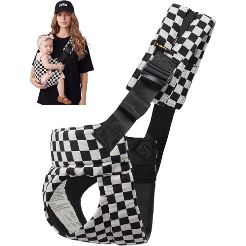 Baby Sling Carrier for Toddlers 9-48 Months, Cutout Toddler Carrier with Adjustable Shoulder Strap, Soft Cotton Linen Toddler Carrier, Lightweight Baby Carrier, Anti‑Slip & Anti‑Recline (Ebony Check)