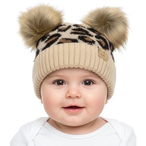 Funky Junque Double Pom Pom Baby Beanie – Newborn Girl Winter Hat 0–12 Months, Cute Cozy Knit Infant Beanies for Cold Weather