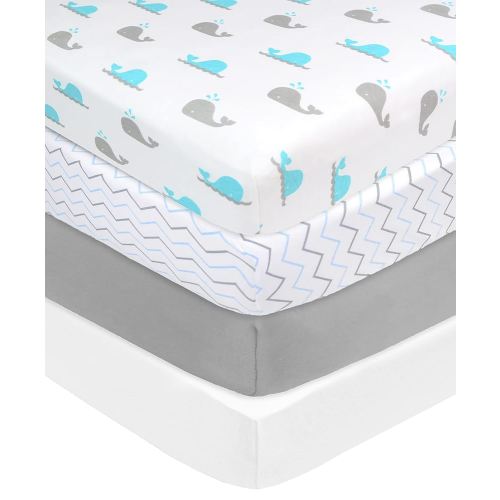 American Baby Company 4 Pack Fitted Crib Sheets 28" x 52", Soft Breathable Neutral 100% Cotton Jersey Sheet, Blue Zigzag/Aqua Whale/Gray/White, for Boys and Girls, Fits Crib and Toddler Bed mattresses