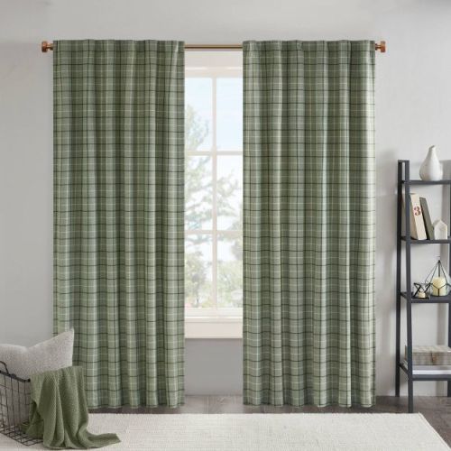 50"x84" Madison Park Light Filtering Preston Plaid Rod Pocket & Back Tab Curtain Panel with Fleece Lining Green: Thermal Insulated