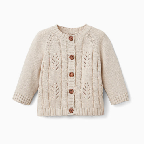 Elegant Baby Pointelle Knit Baby Cardigan - Wheat Leaf, 6 M