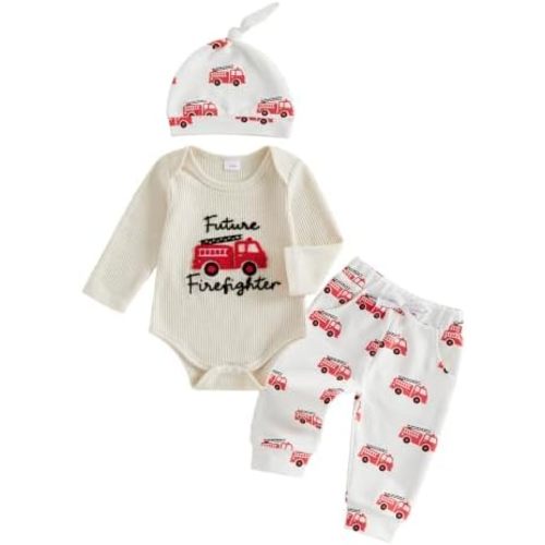 Fall Winter Baby Boy Outfit Firetruck Long Sleeve Romper Pants Hat Set