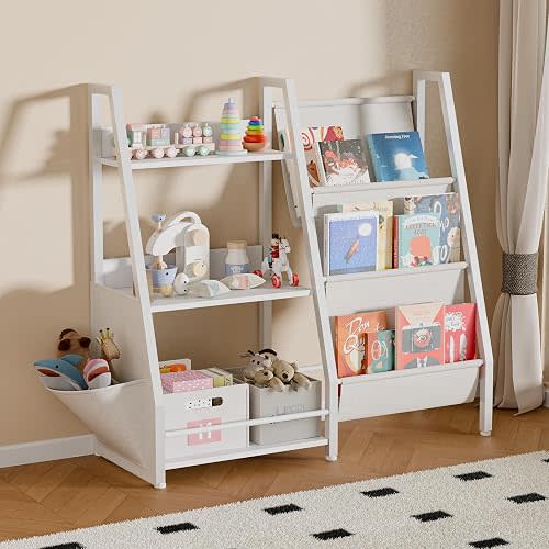 Montessori Toy Organizer & Kids Bookshelf, 2-in-1 Toddler Sling Bookcase with Toy Storage, Front Facing Book Display, Nursery & Playroom Organizer, White