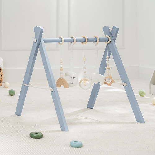 Comfy Cubs Baby Play Gym Set, Wooden Hanging Bar with Gym Toys, Foldable for Infants, Pacific Blue