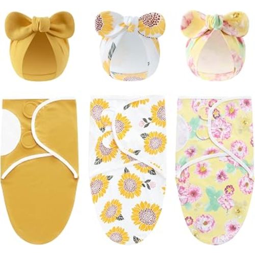 Baby Swaddle Sleep Sack with Hat Set for 0-3 months 3-Pack Soft Cotton Newborn Wearable Swaddle Wrap for Girls Boys (Yellow Set)