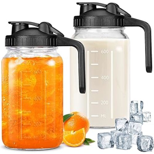 32 OZ Mason Jars with Lid, Glass Pitcher Double Leak Proof with Pour Spout Handle, 2 Quart Wide Mouth Breast Milk Pitcher for Fridge, Creamer Container for Coffee, Sun Tea(Black,2 Pack)