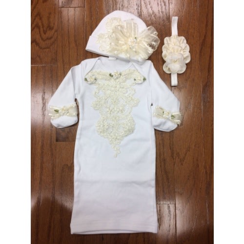 Cream Coming Home Outfit / Gown, Cap & Headband Set