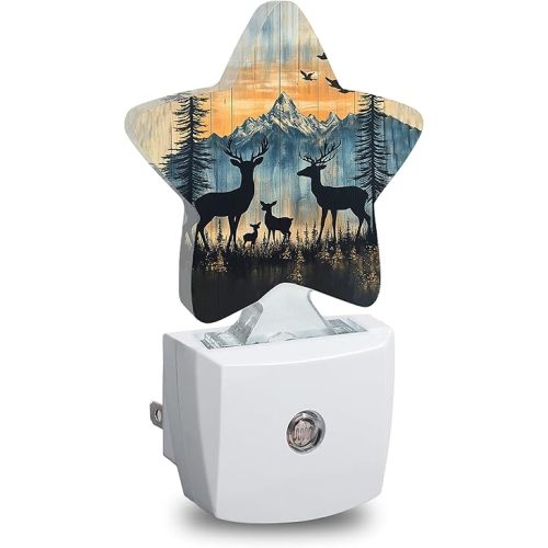 Rustic Woodland Deer Plug in Star Night Light, Night Light with Sensor for Kids Nursery Bedroom, Decorative Soft Glow Lamp for Hallway Bathroom, Energy Saving