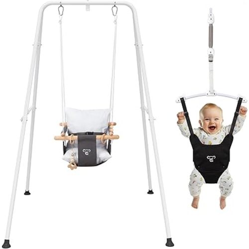 2 in 1 Baby Jumper & Swing, Baby Jumper for Indoor and Outdoor Use, Toddler Swing with Foldable Stand, Stable Bouncer Jumper（White）