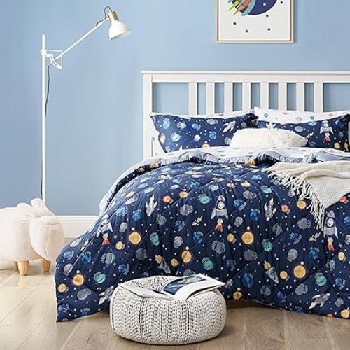 Kids Bedding Set for Boys, Queen Size 7 Pieces Space Themed Bed in a Bag, Super Soft Lightweight Microfiber Comforter Set with Sheets, Hotel Quality Durable Children Bed Set