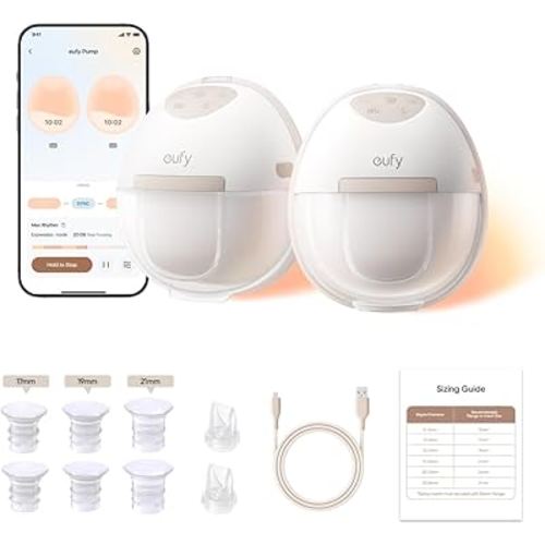 eufy Security Heated Breast Pump Hands-Free E20, Wearable with Innovative HeatFlow, 3 Heat Levels, Optimized Rhythm via App, Hospital-Grade Suction, Leakproof, Ultra-Slim and Quiet for in-Bra Use