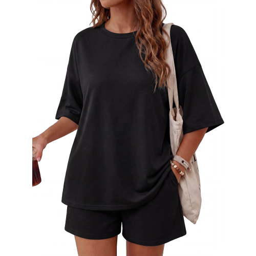 MINTREUS Womens 2 Piece Lounge Sets Crew Neck Short Summer Pajama Set Airport Travel Outfits with Pockets