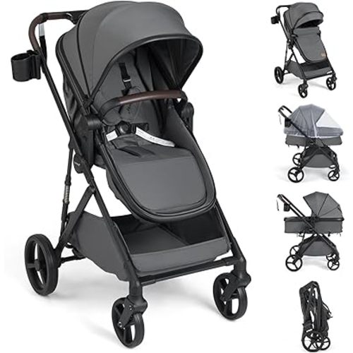 BABY JOY 2 in 1 Baby Stroller, High Landscape Convertible Bassinet Stroller with Reversible Seat, Net, Adjustable Canopy, Cup Holder, Foldable Pushchair Pram Stroller for Newborn Toddlers (Gray)