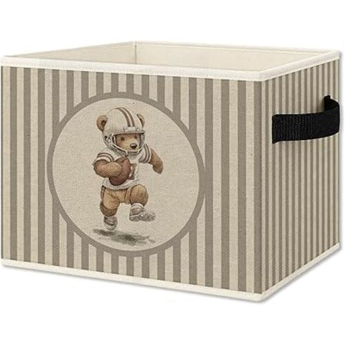 Rugby Football Bear Storage Bins Box with Handles, Sports Kids Decor for Boys, Striped Sports Animal Collapsible Organizer Basket for Kids Nursery Room Bedroom Playroom Toys Books