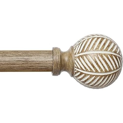 Wood Curtain Rods for Windows: 1 Inch Adjustable Heavy Duty Curtain Rod 48" to 86" with Imitation Wood Grain Leaf Pattern Finials,Boho Rustic Decorative Drapery Rods