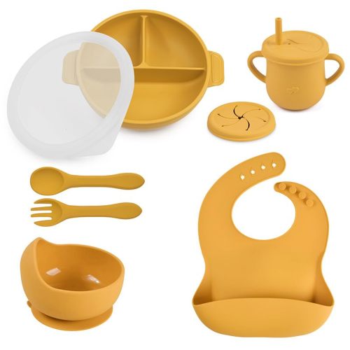 Generic Silicone Baby Feeding Set - Perfect silicone plates for baby and Toddler Plates with lid, Baby Bowls with Suction, Baby Utensils - Baby Led Weaning Supplies and Eating Essentials - (Yellow)