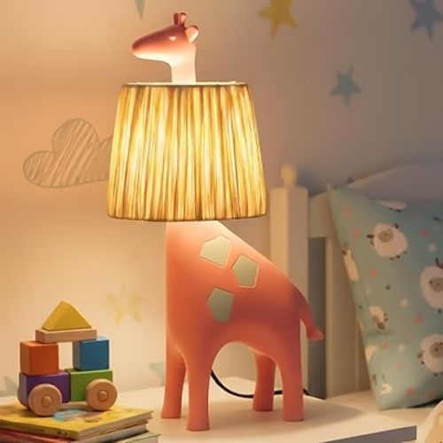 13.7 Inch LED Giraffe Table Lamp, Resin Animal Desk Lamp with Handcrafted Raffia Shade, Unique Decorative Light, Cute Desk Lamps for Nightstand, Bedroom, Playroom, Nursery, Pink