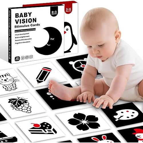 2 Packs in 1, 80 Pages Baby Contrast Cards for Infants 0-6 Month, Baby-Safe Visual Stimulation Black and White Cards for Newborns, Black and White Card for Newborn, Contrast Card for Infants 0-6 Month