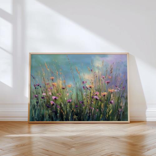 Aurora Meadow Wall Art — Teal & Purple Wildflower Landscape